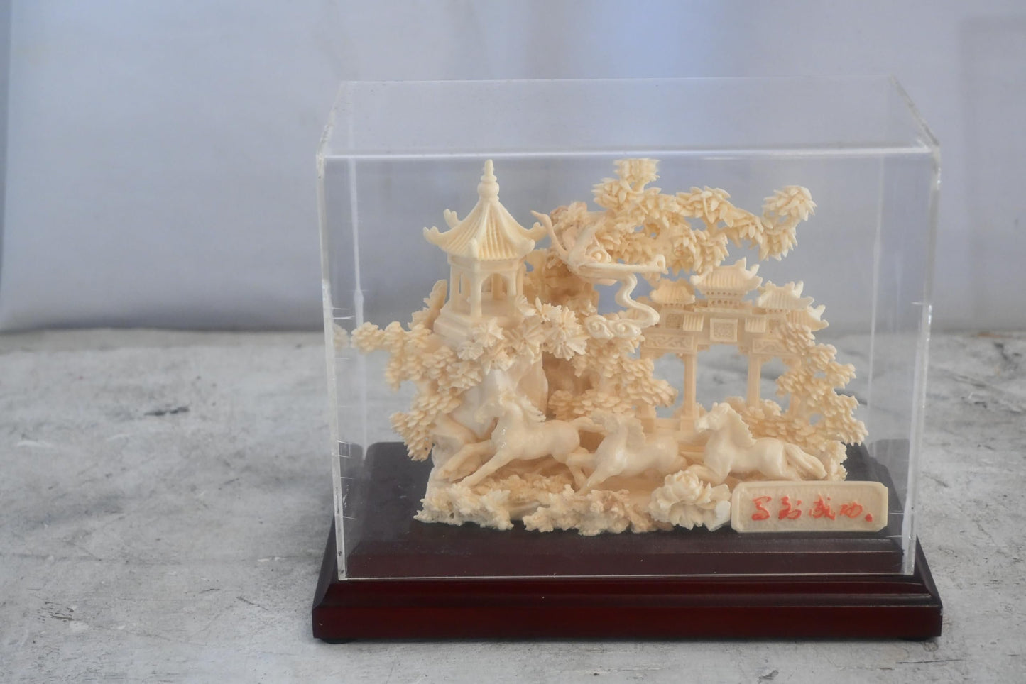 Carved Resin Galloping Horses Chinese Garden in Case 8"x4"x7"H