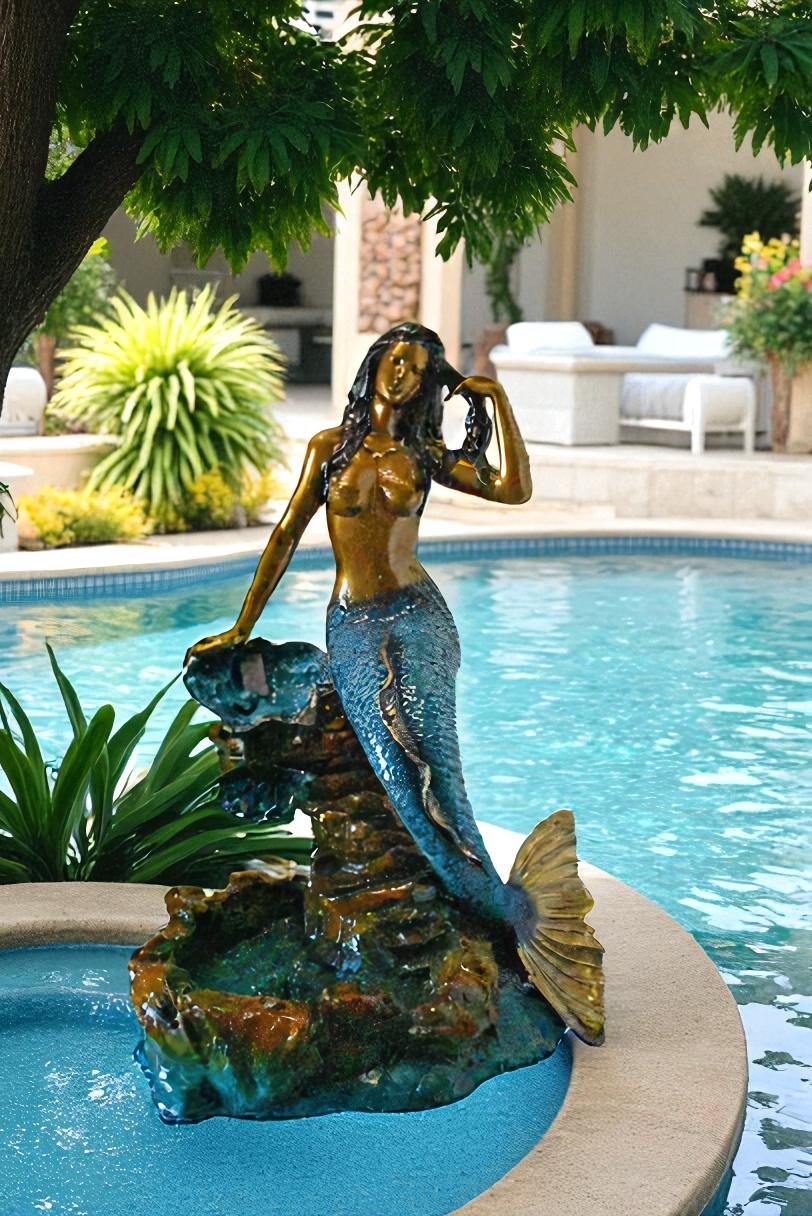 Beautiful Large Mermaid Bronze Statue Fountain - Size: 35"L x 32"W x 53"H.