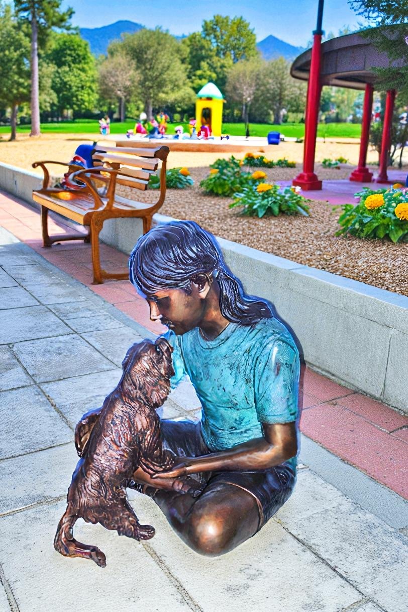 Young Girl Playing with Her Maltese Dog Bronze Statue 24" x 19" x 24"H