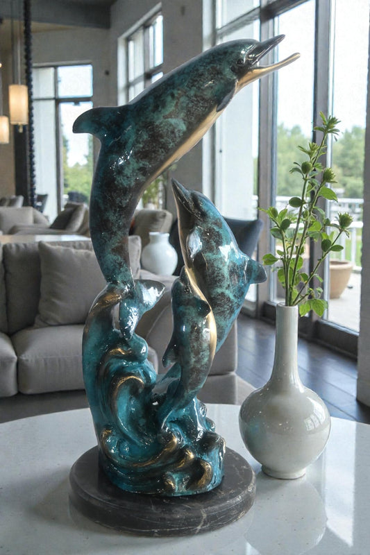 Three Leaping Dolphins on Waves Bronze Sculpture 10"x9"x19"H