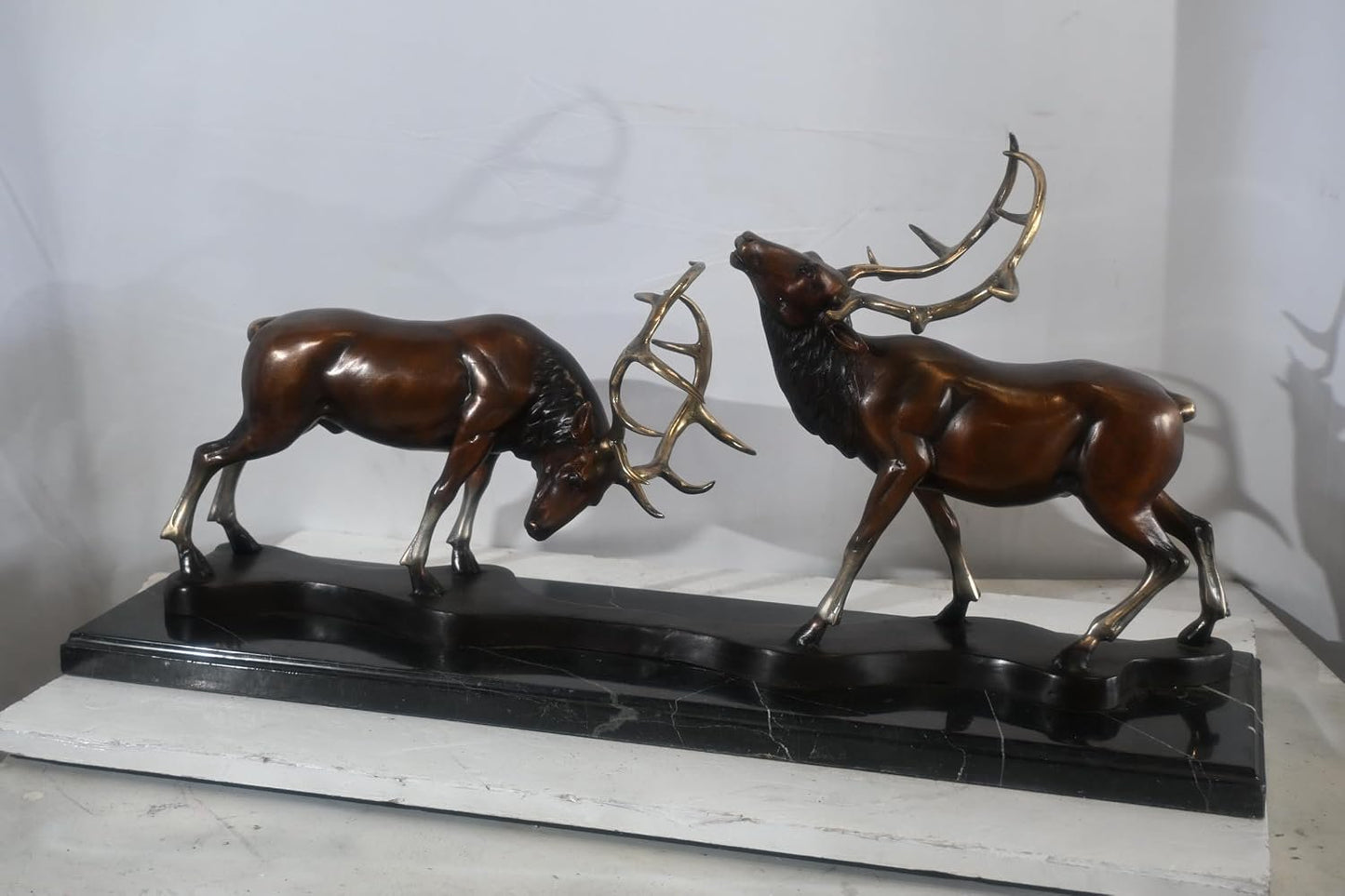 Bronze Locking Deer Stags Sculpture Marble Base 32"x8"x14"H