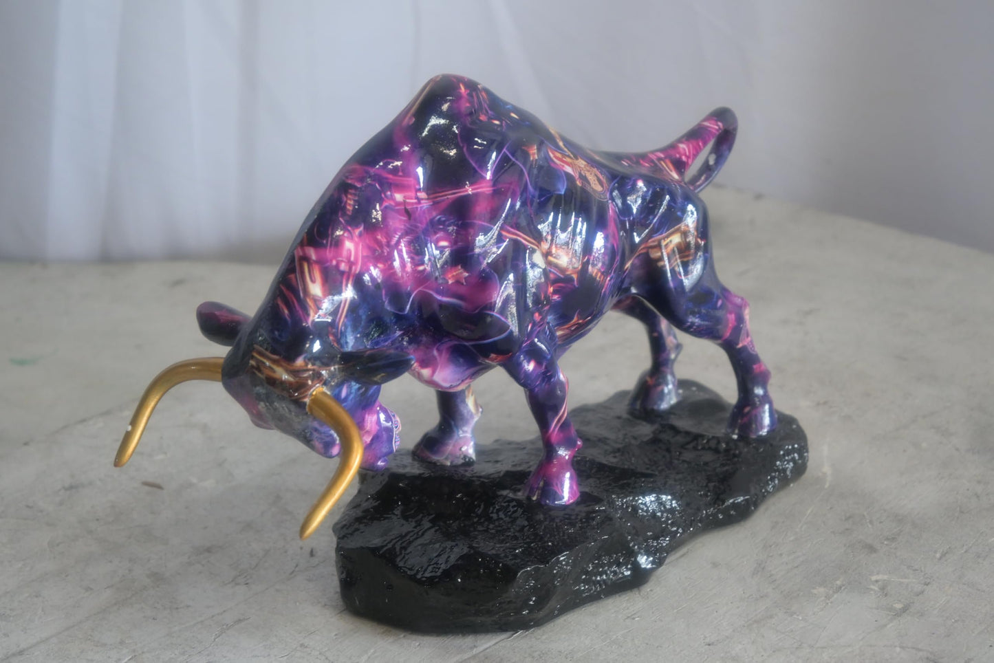 Resin Charging Bull Sculpture Purple Galaxy Finish Gold Horns 14"x4"x9"H