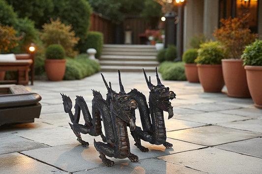 Pair of Dragons sitting side by side bronze statues -  Size: 31"L x 7"W x 16"H.