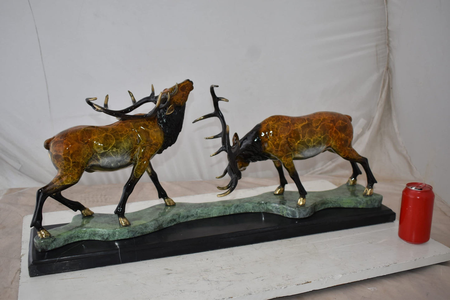 Fighting Deer Bronze Statue Mounted on a Marble Base Size: 32" x 8" x 14"H