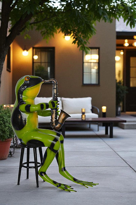Green frog playing saxophone bronze statue - Size: 23"L x 15"W x 30"H.