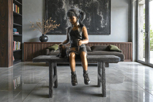 Bronze Girl Reading on Bench with Puppy Statue Sculpture 37"x15"x40"H