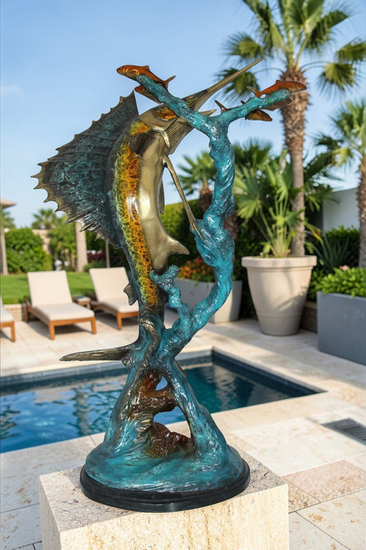 Sailfish With Small Fish Bronze Statue - Size: 29"L x 17"W x 40"H.