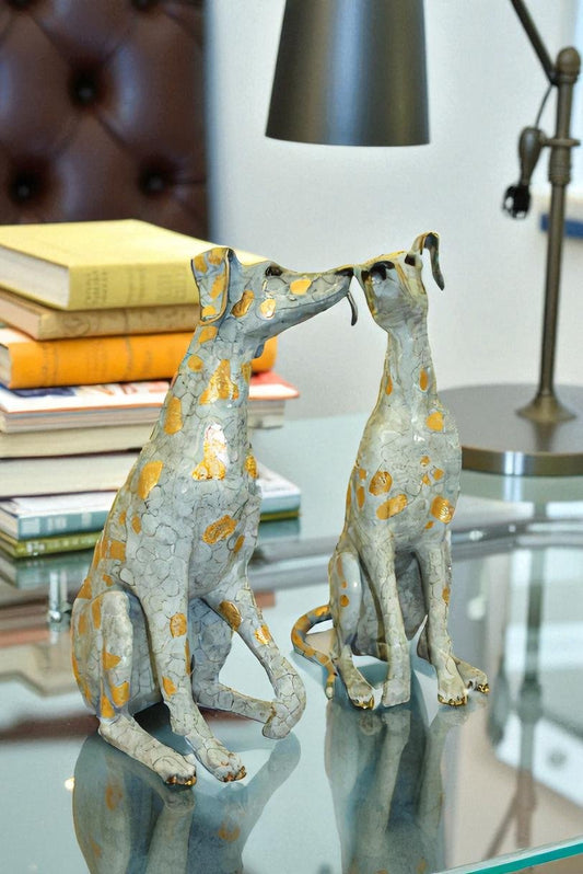 Pair of Golden Pleated Dalmatians Sitting Bronze Statue - 21"L x 16"W x 35"H.
