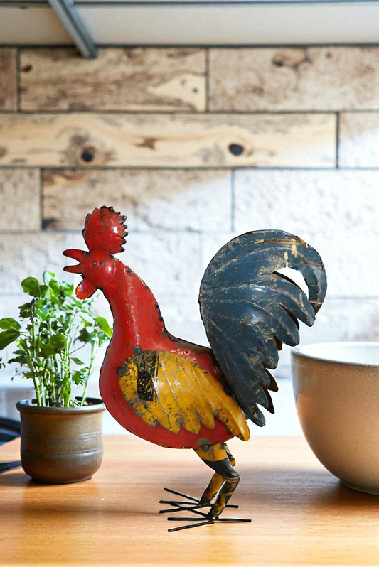 Colorful Thin Metal Rooster, Cockerel Statue 16" x 6" x 19"H