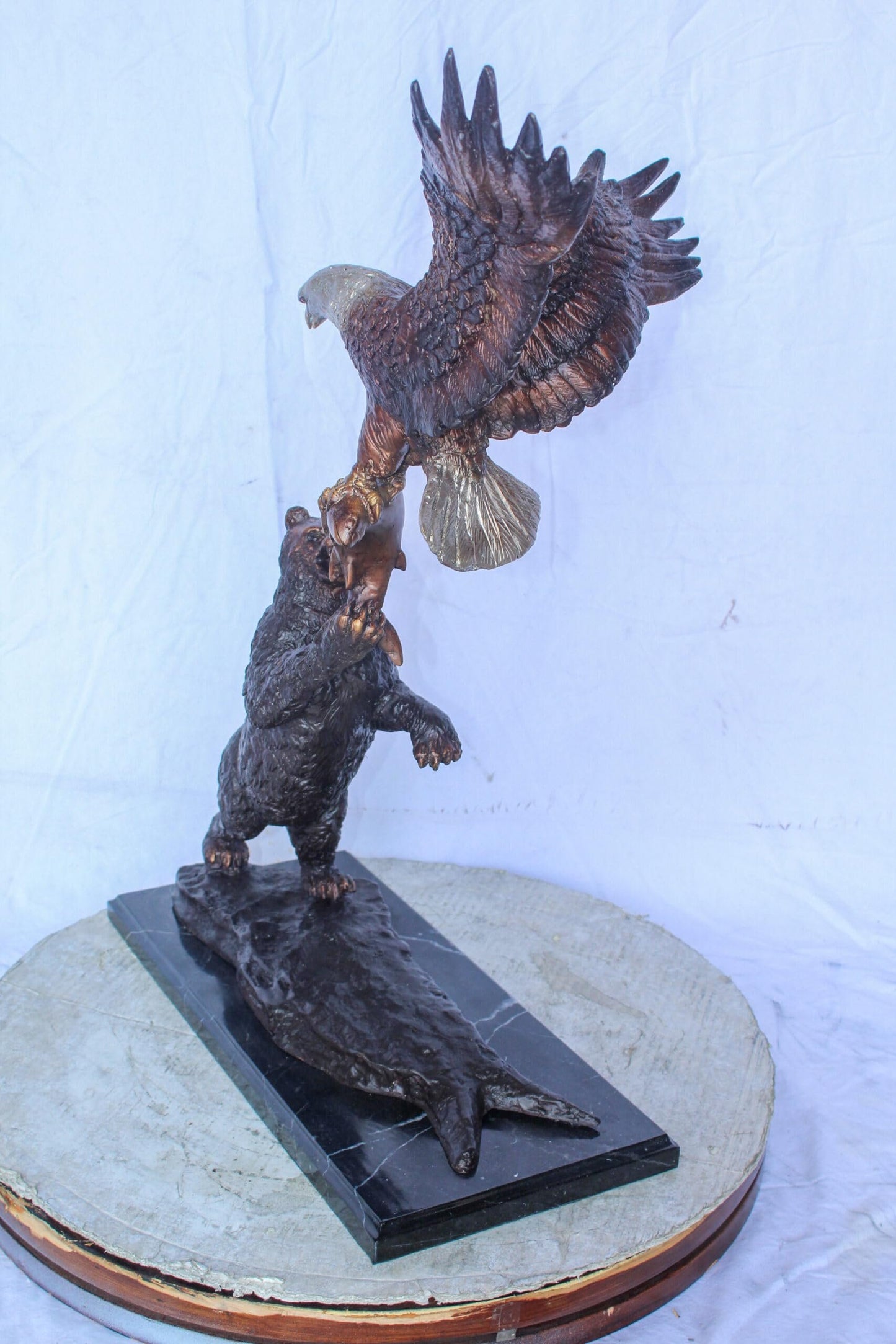 Bronze Statue of an Eagle and Bear Fighting for Fish Prey  24" x 9" x 28"H