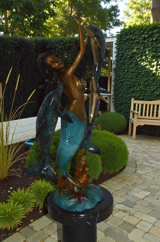 Mermaid With Three Dolphins Bronze Statue - Size: 15"L x 8"W x 25"H.
