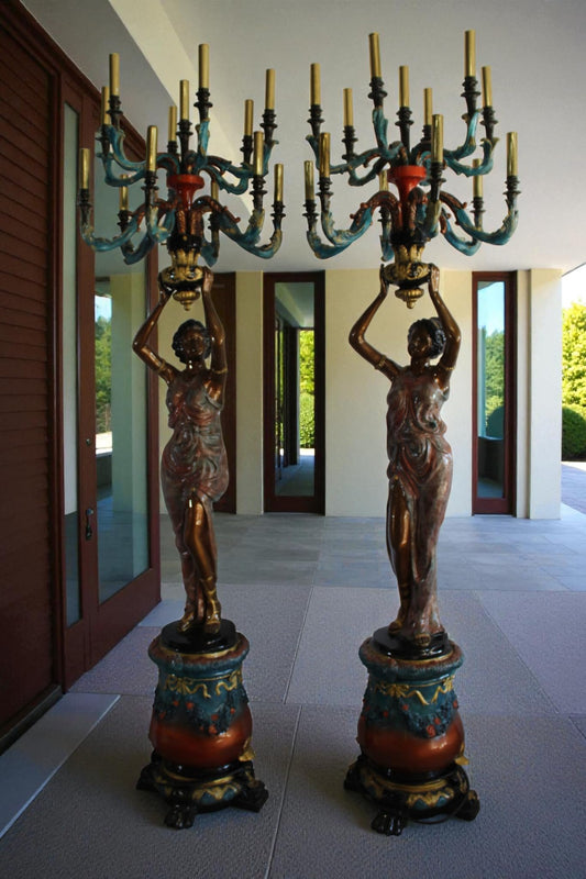 NIFAO Pair Giant Bronze Lady Candelabra Chandeliers Floor Lamps 30"x30"x100"H