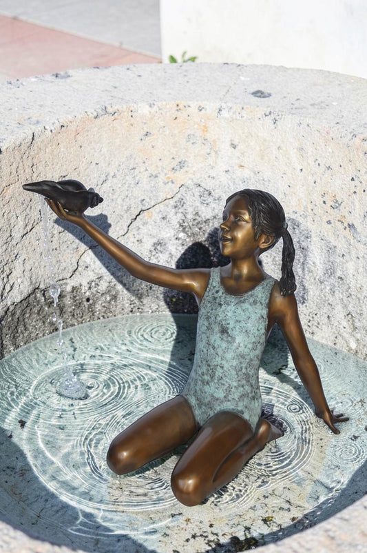 Sitting Girl Holding Shell Bronze Statue Fountain - Size: 32"L x 22"W x 25"H.