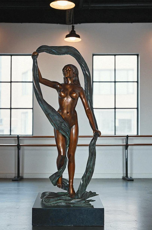 Exotic Fabric Dancer bronze statue Art Nude – Life Size: 18"L x 24"W x 49"H.