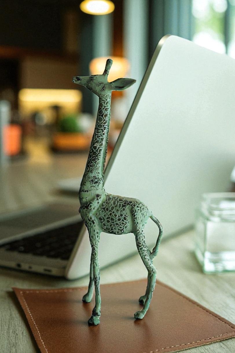 Aluminum Small Giraffe Statue with Green Patina Finish 10" x 4" x 27"H