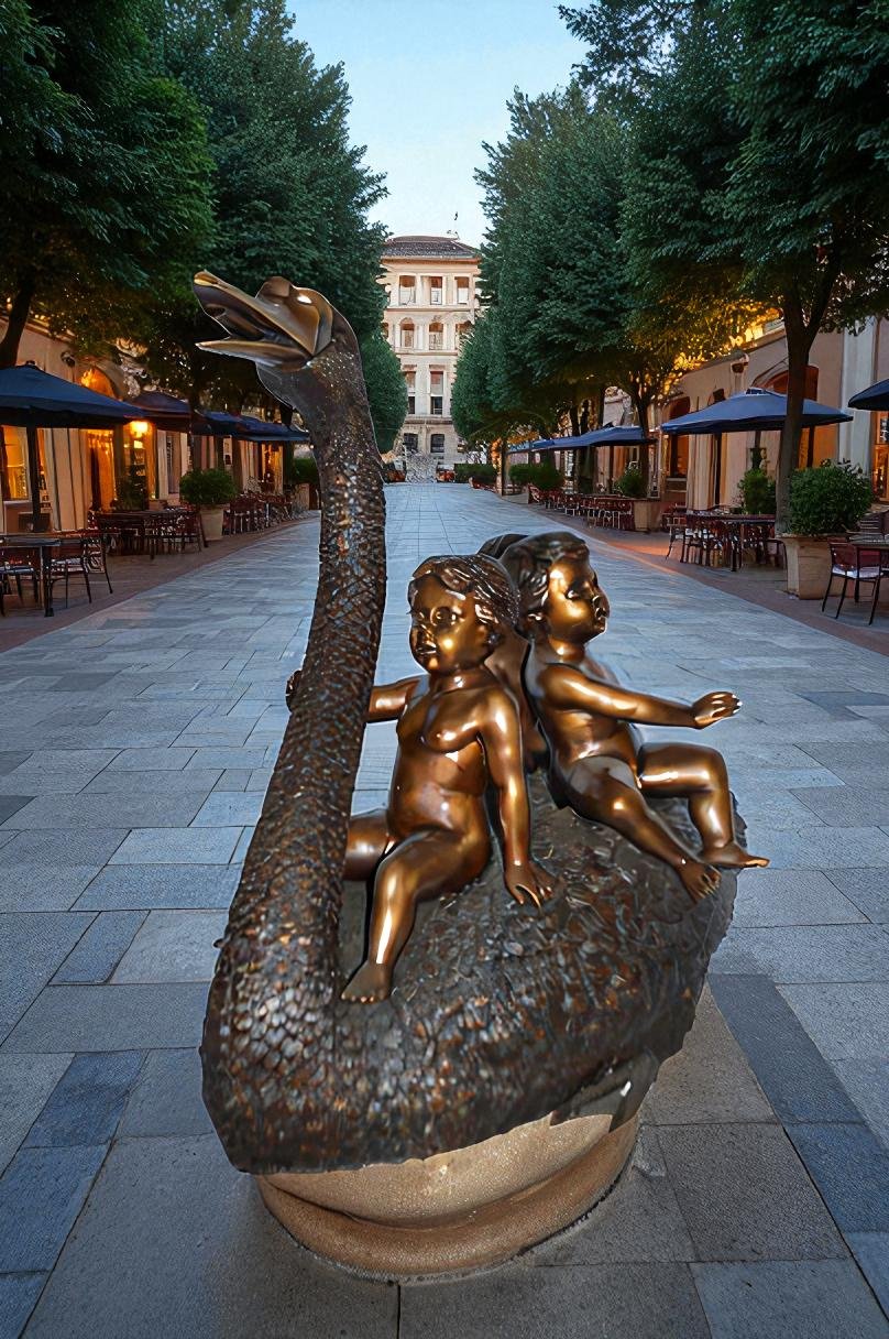 Swan Carrying Three Angels Bronze Fountain Art Nude - Size: 40"L x 23"W x 34"H.
