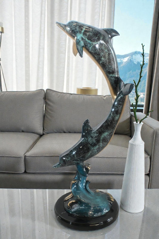 Two Dolphins Bronze Sculpture Leaping Wave Statue 10"x9"x24"H