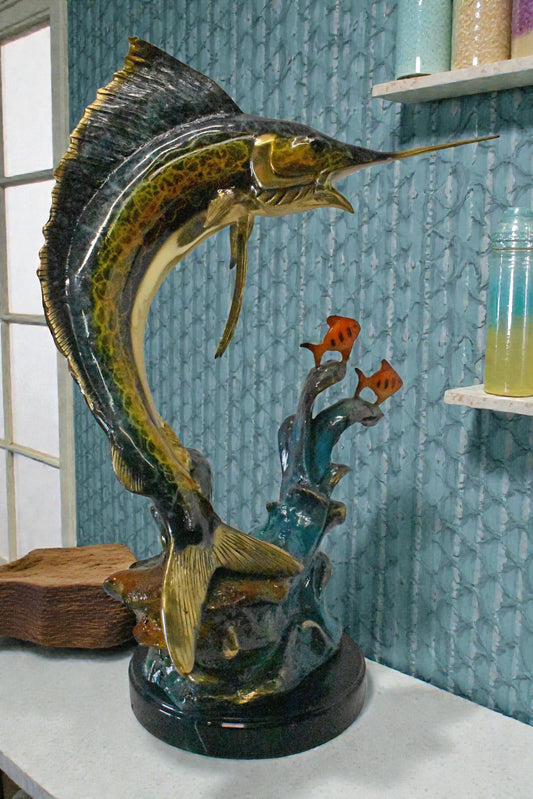 Swordfish with Two Small fish Bronze Statue on Marble - Size: 21"L x 13"W x 28"H