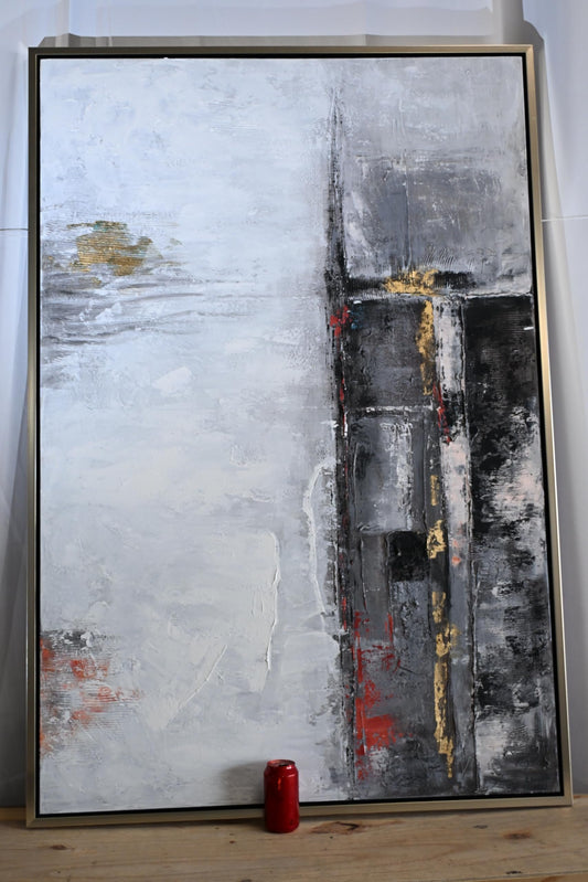 Chicago Abstract Canvas Painting Gray Gold Framed Art 61"x41"