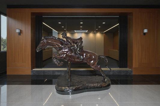 Jockey With Horse Jumping Over Hurdle Bronze Statue Medium 23"L x 10"W x 16"H.