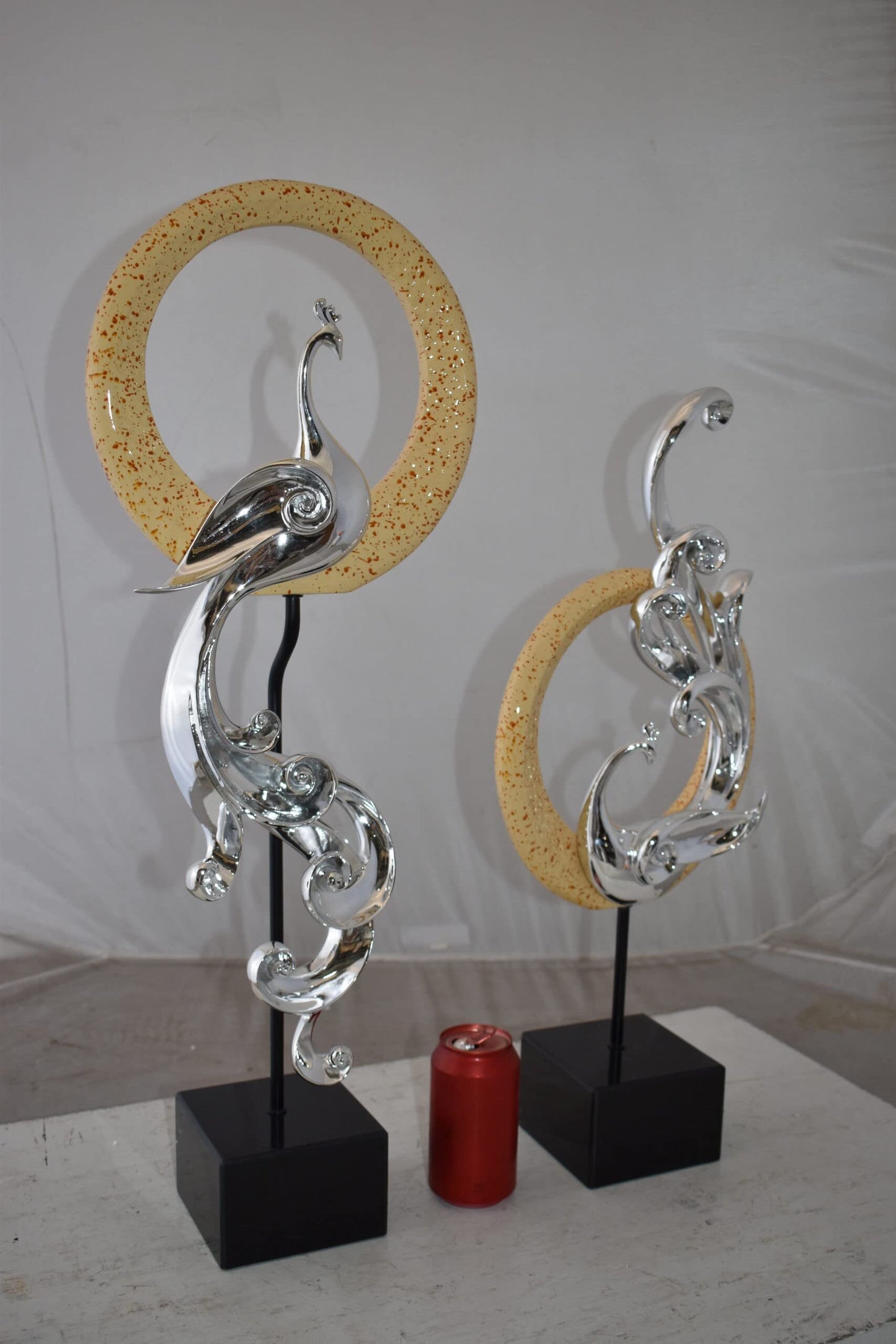 Set of Graceful Silver Finish Peacocks Resin Statue Size: 11" x 6" x 28"H