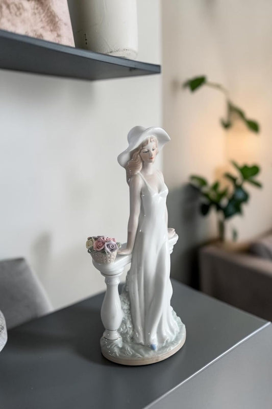 Porcelain Elegant Lady White Gown Hat Rose Basket Statue 6"x4"x12"H