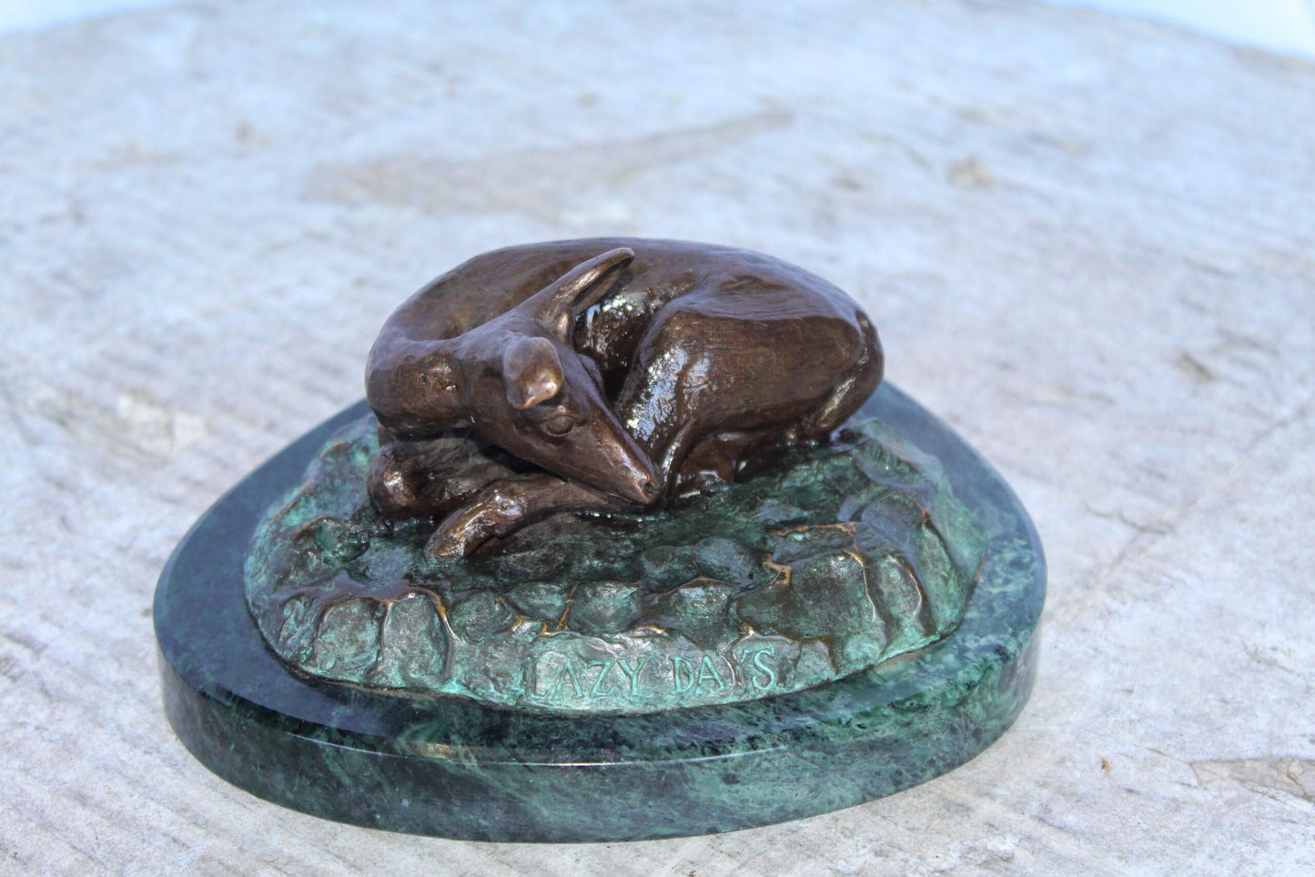 Deer Lazy Days, Small Bronze Statue Signed by Robert Beeler 6" x 7" x 3"H