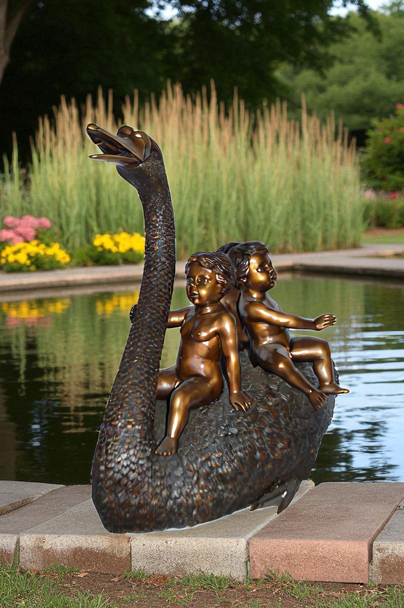 Swan Carrying Three Angels Bronze Fountain Art Nude - Size: 40"L x 23"W x 34"H.