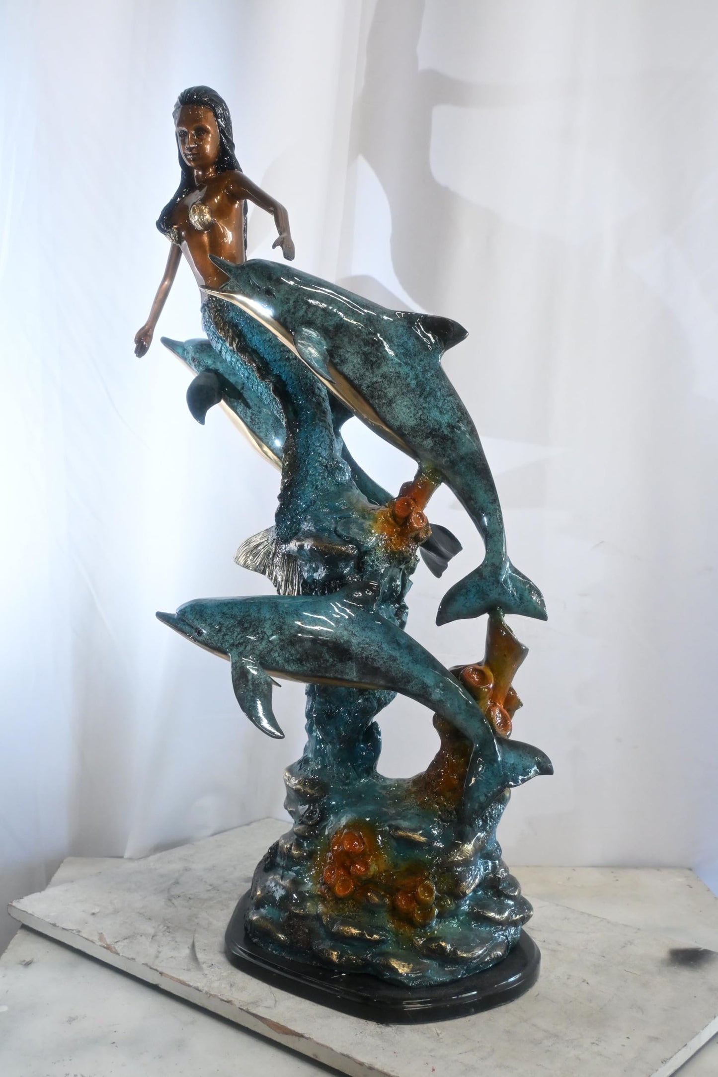 Bronze Mermaid with Dolphins on Coral Reef Sculpture 25"x16"x43"H