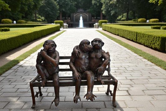 Three Emotional Monkeys on Bench Bronze Statue 57" x 20" x 43"H