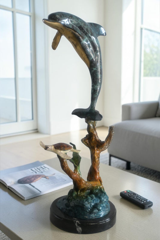Bronze Leaping Dolphin and Sea Turtle Sculpture Marble Base 12"x9"x27"H