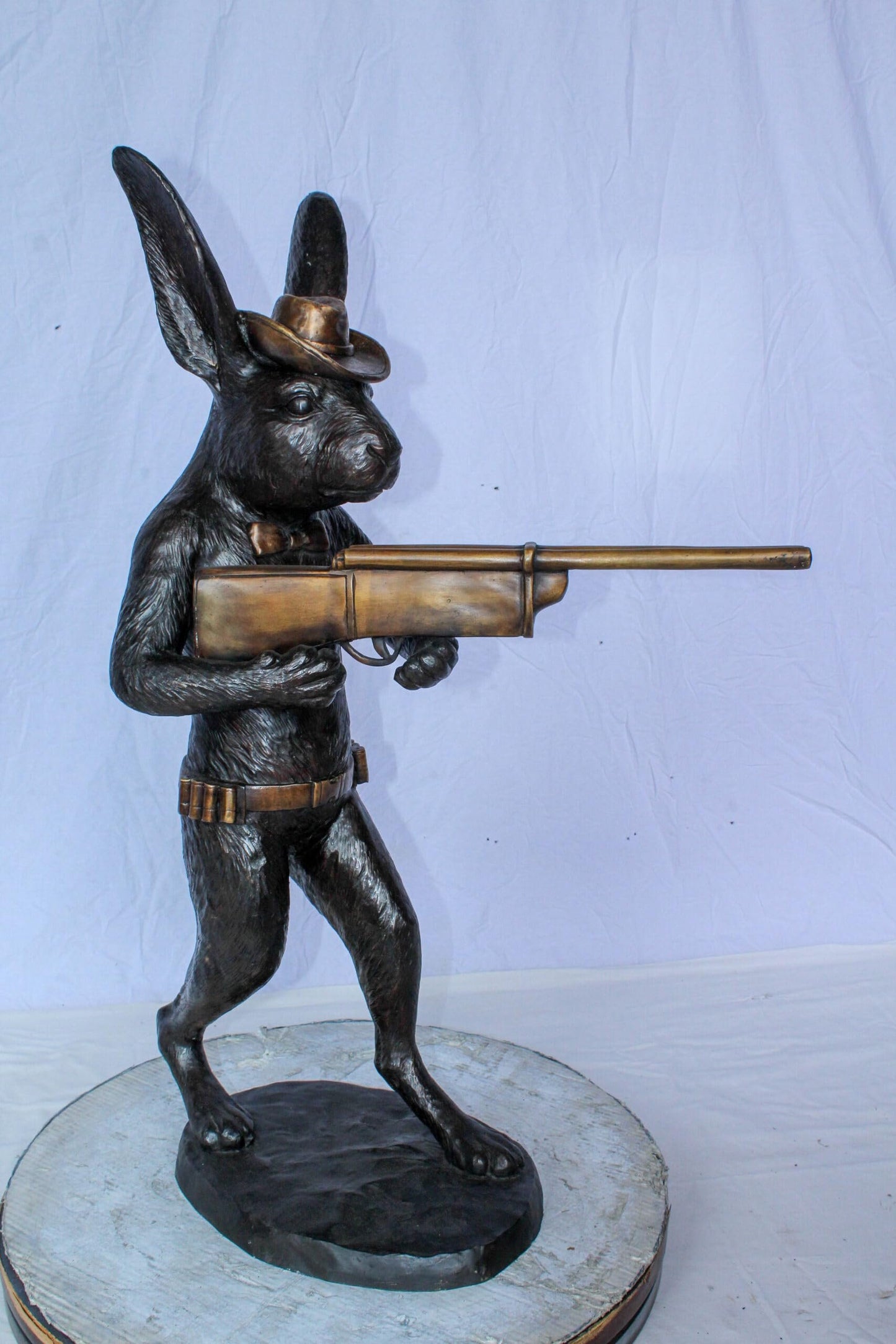 Bronze Statue of Cowboy Rabbit Holding Rifle 22" x 13" x 35"H
