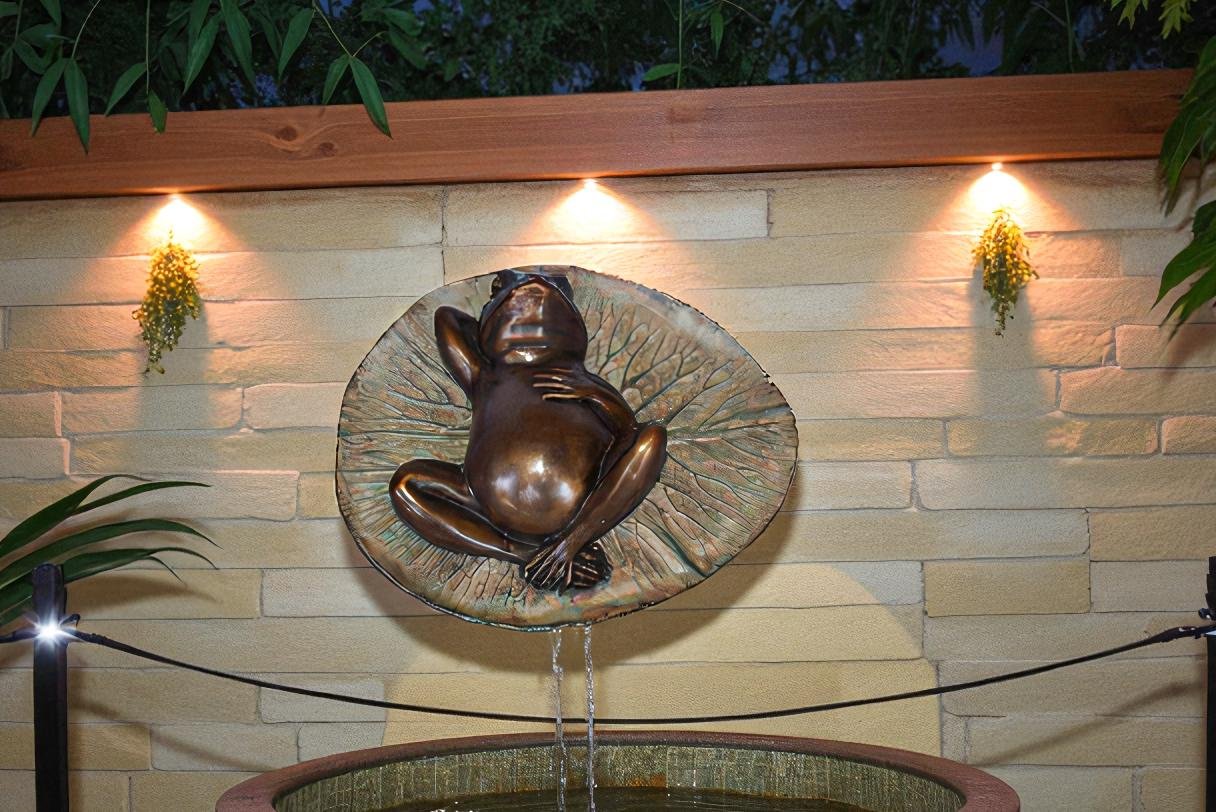 Relaxed Frog Supine on a Lily Bronze Statue Wall Fountain  14" x 6" x 12"H