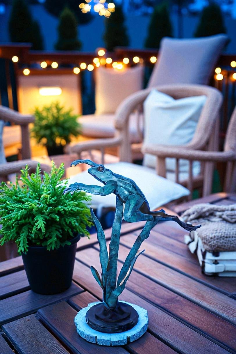 Frog Leaping Over Grass Bronze Statue 23" x 11" x 24"H