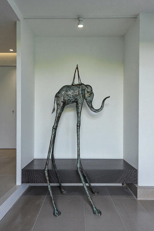 Modern Art Green Patina Tall Elephant Bronze Statue - Size: 26"L x 27"W x 67"H.