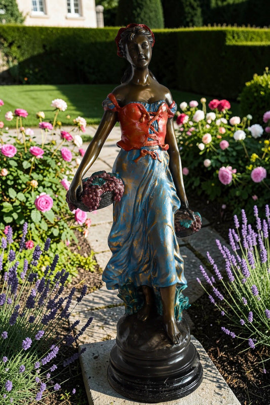 Tranquil Woman Strolling With Fruit Baskets Bronze Statue 13" x 10" x 30"H