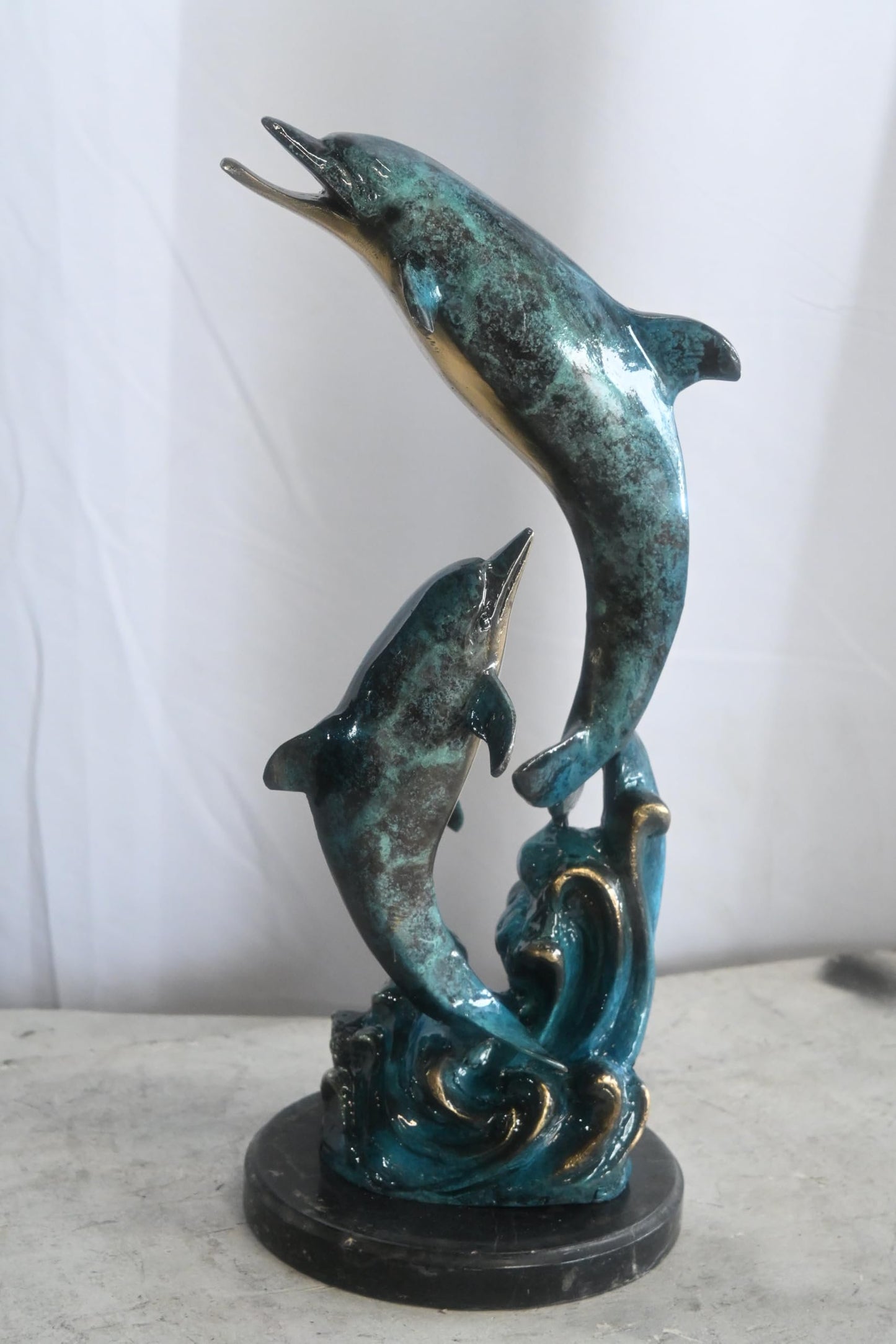 Three Leaping Dolphins on Waves Bronze Sculpture 10"x9"x19"H