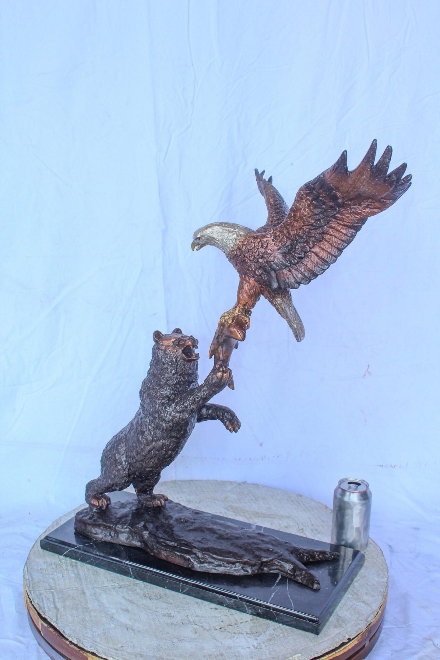 Bronze Statue of an Eagle and Bear Fighting for Fish Prey  24" x 9" x 28"H