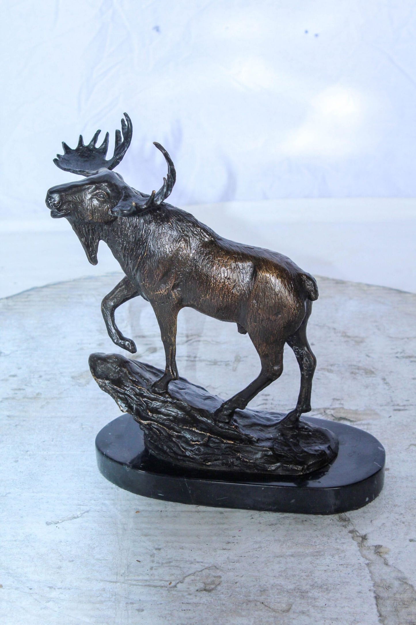 Bronze Moose Statue on Marble Base with Antlers Raised 10" x 6" x 9"H