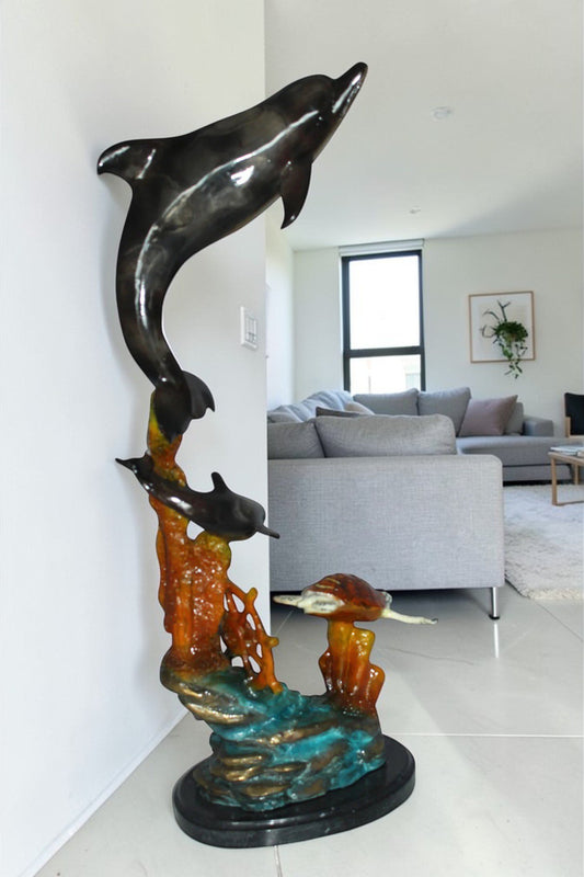 Two Dolphins with Turtle bronze statue - Size: 14"L x 8"W x 28"H.