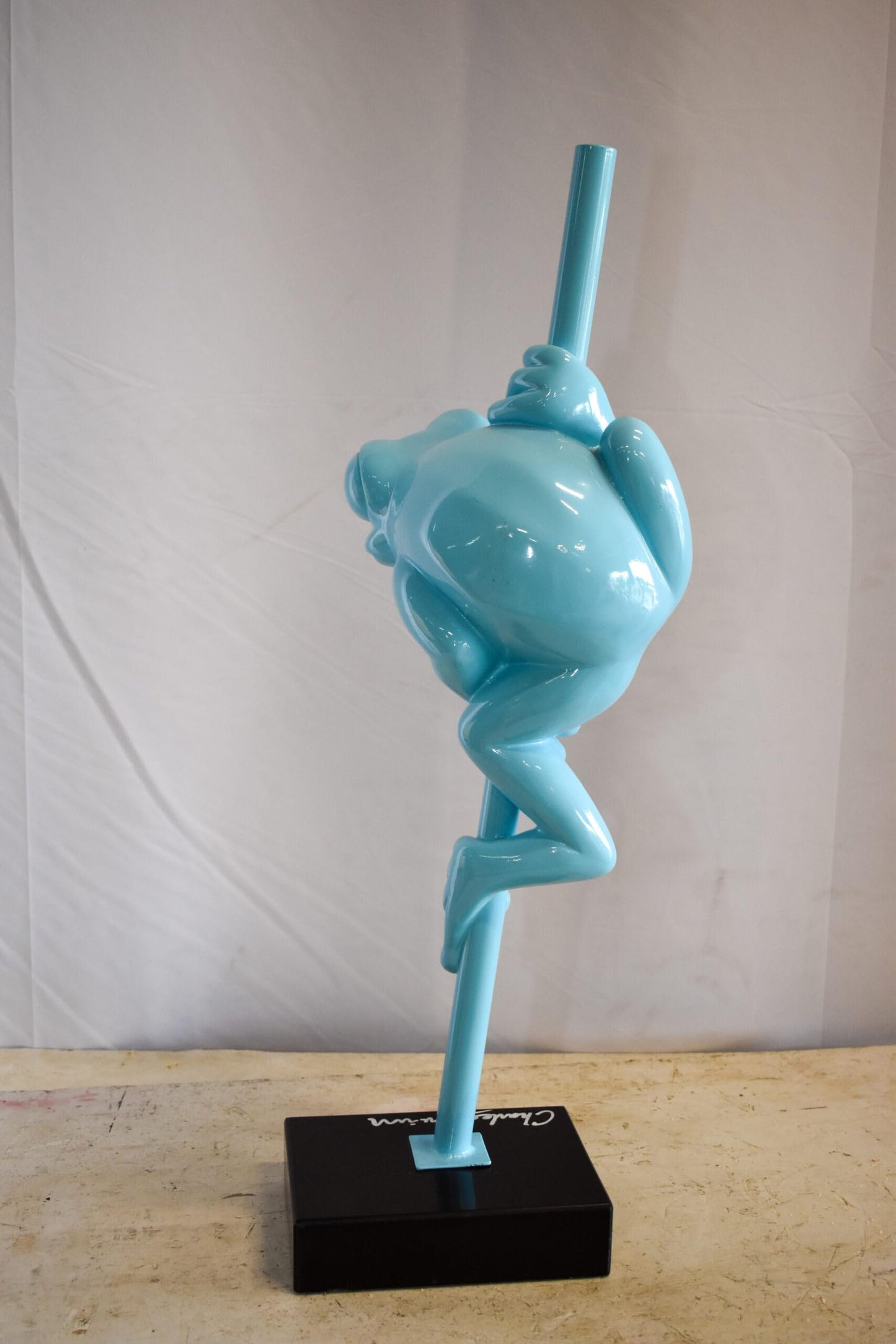 Modern Light Blue Lively Frog on Branch Resin Statue 10" x 8" x 28"H