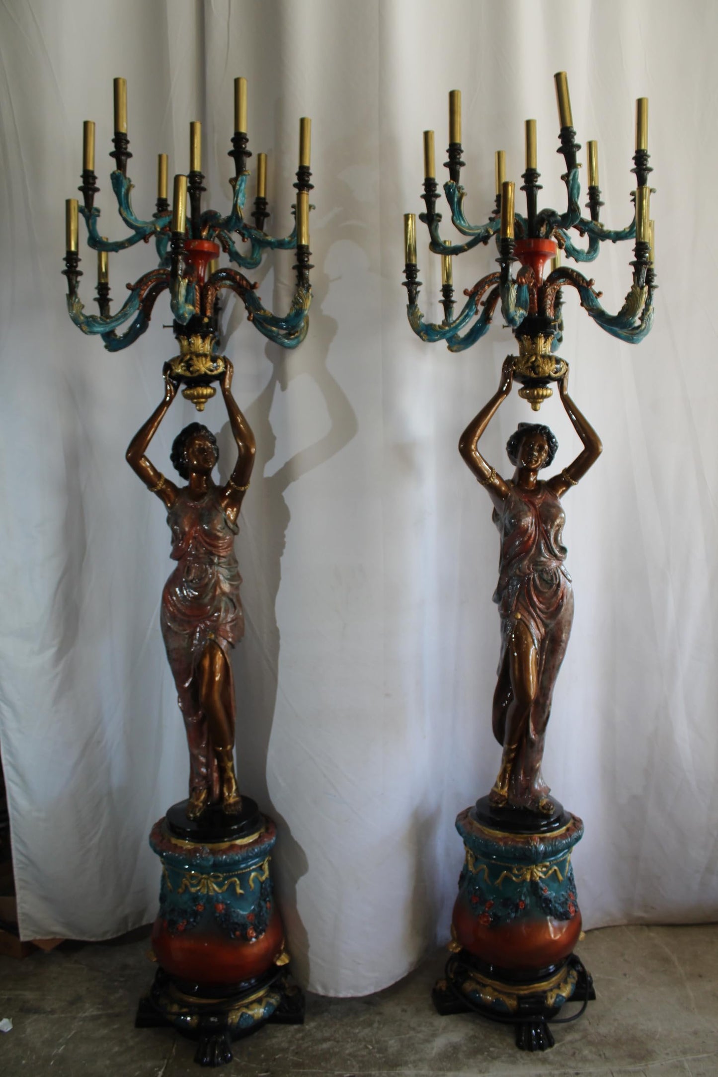 NIFAO Pair Giant Bronze Lady Candelabra Chandeliers Floor Lamps 30"x30"x100"H