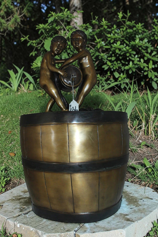 Two boys on a bucket self-contained fountain bronze statue - 16" x 16" x 29"H.