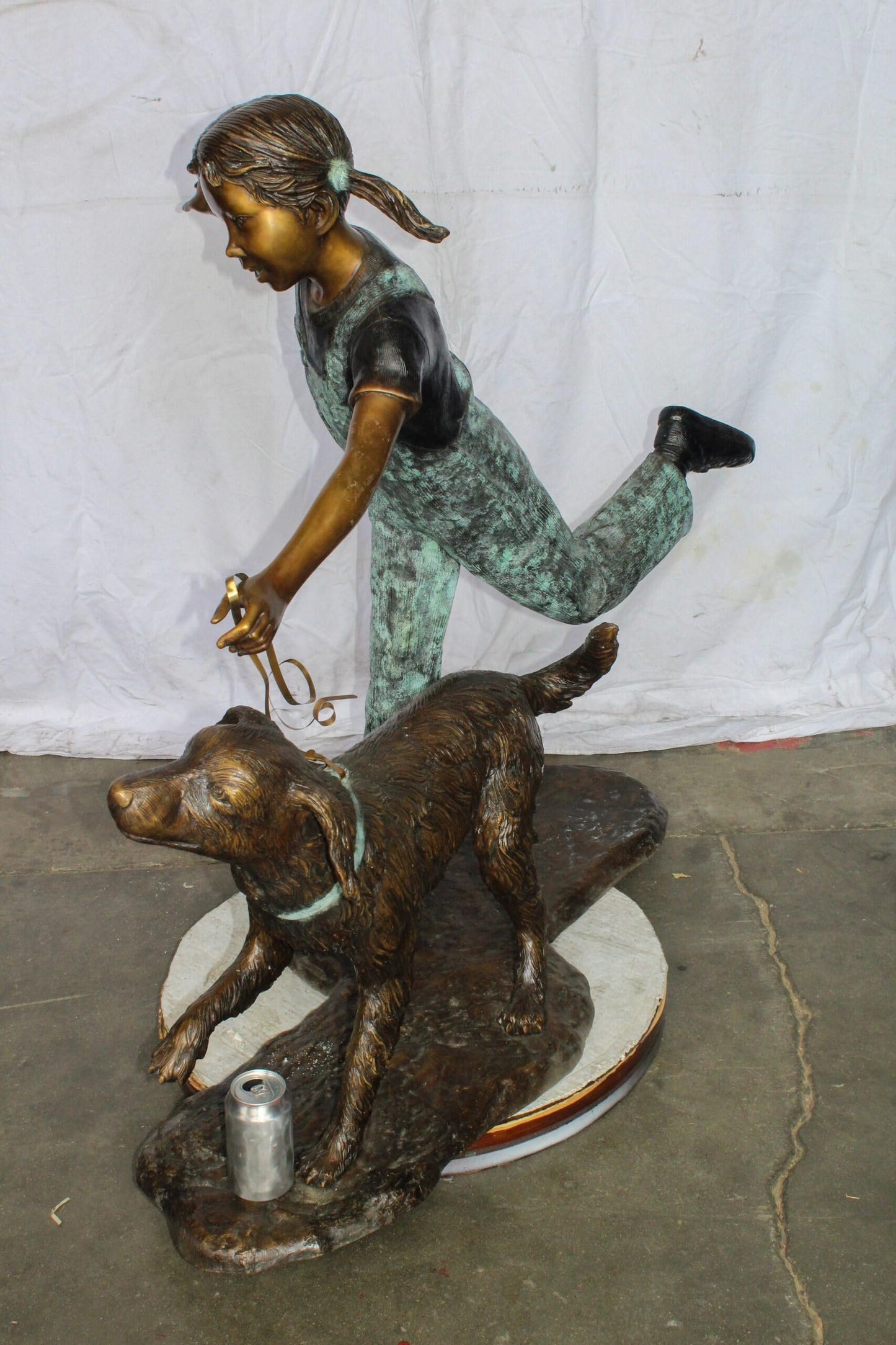 Young Girl and Her Dog Playing Bronze Statue 53" x 21" x 40"H