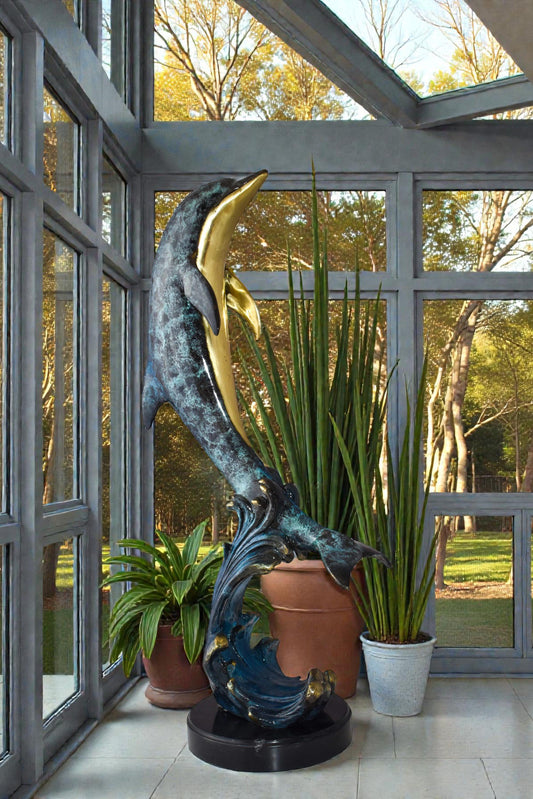 Dolphin Jumping the Waves Colored Bronze Statue Size: 15" x 10" x 31"H