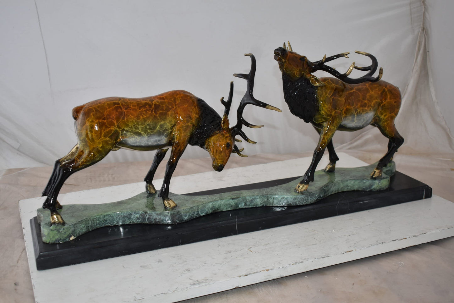 Fighting Deer Bronze Statue Mounted on a Marble Base Size: 32" x 8" x 14"H