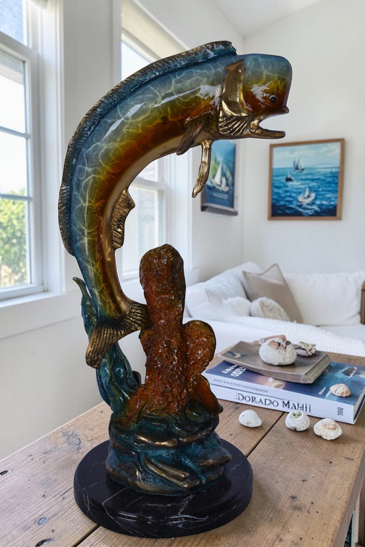 Dorado or Mahi Mahi With Coral Bronze Statue - Size: 5"L x 10"W x 19"H