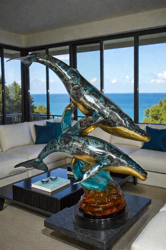 Pair of Humpback Whales Swimming in The Ocean Bronze Statue 20" x 10" x 25"H