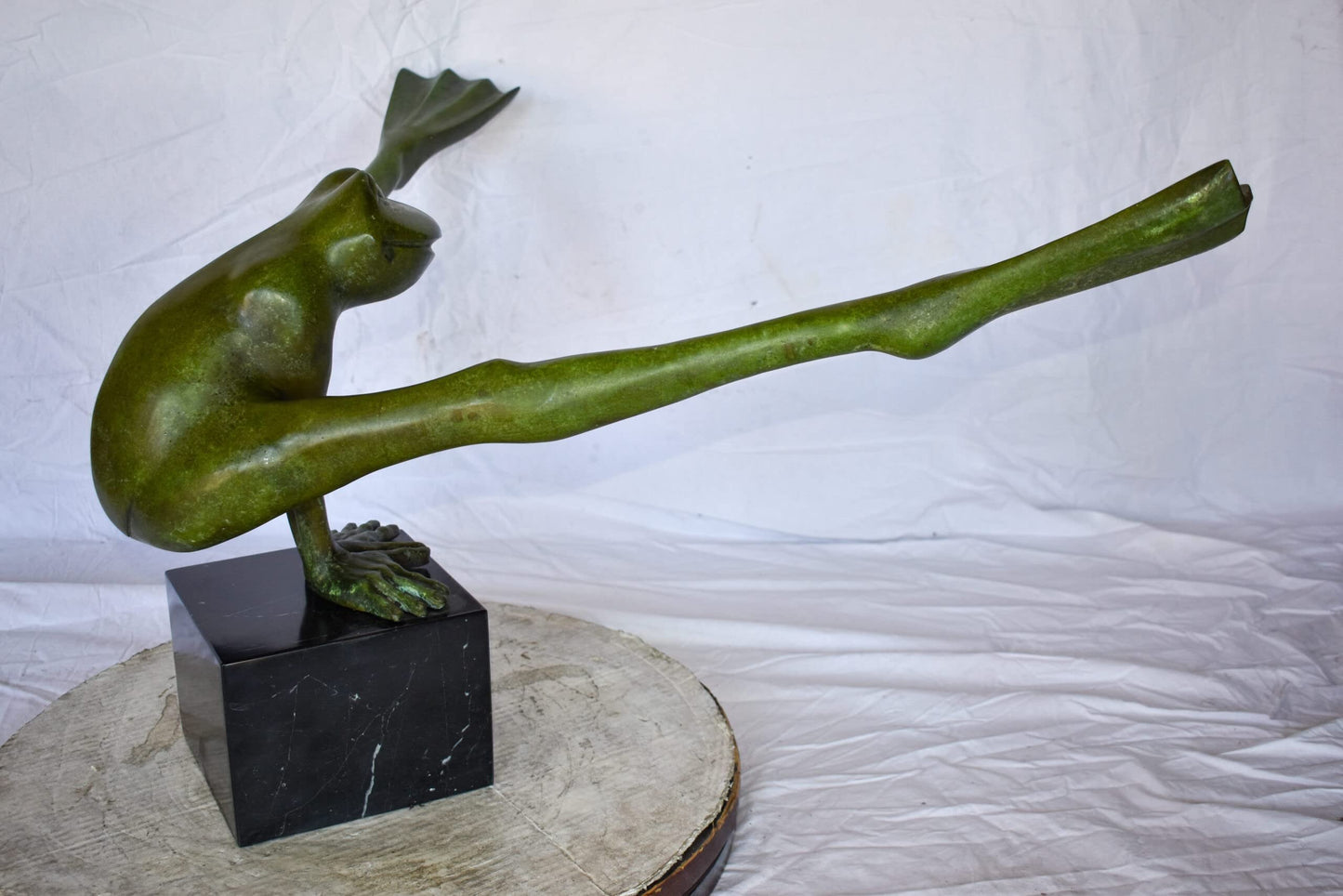 Acrobatic Frog Green Patina Bronze Statue Mounted on A Marble  43" x 26" x 20"H