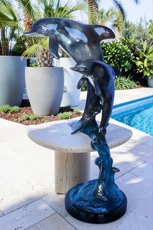 Two Dolphins Jumping of the Water Bronze Statue 11" x 12" x 31"H